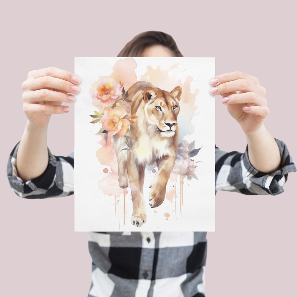 Watercolor Lioness With Flowers Portrait Wall Art Illustration Print Unframed - Picture 5 of 6